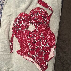 Loft one piece swimsuit with cutout, strapless EUC size 16